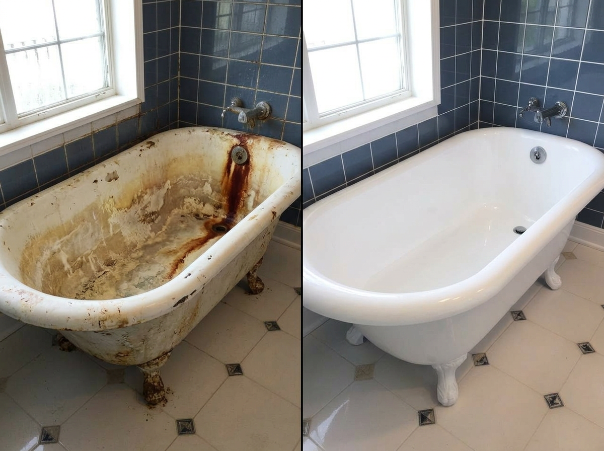 Cast iron bathtub before and after reglazing