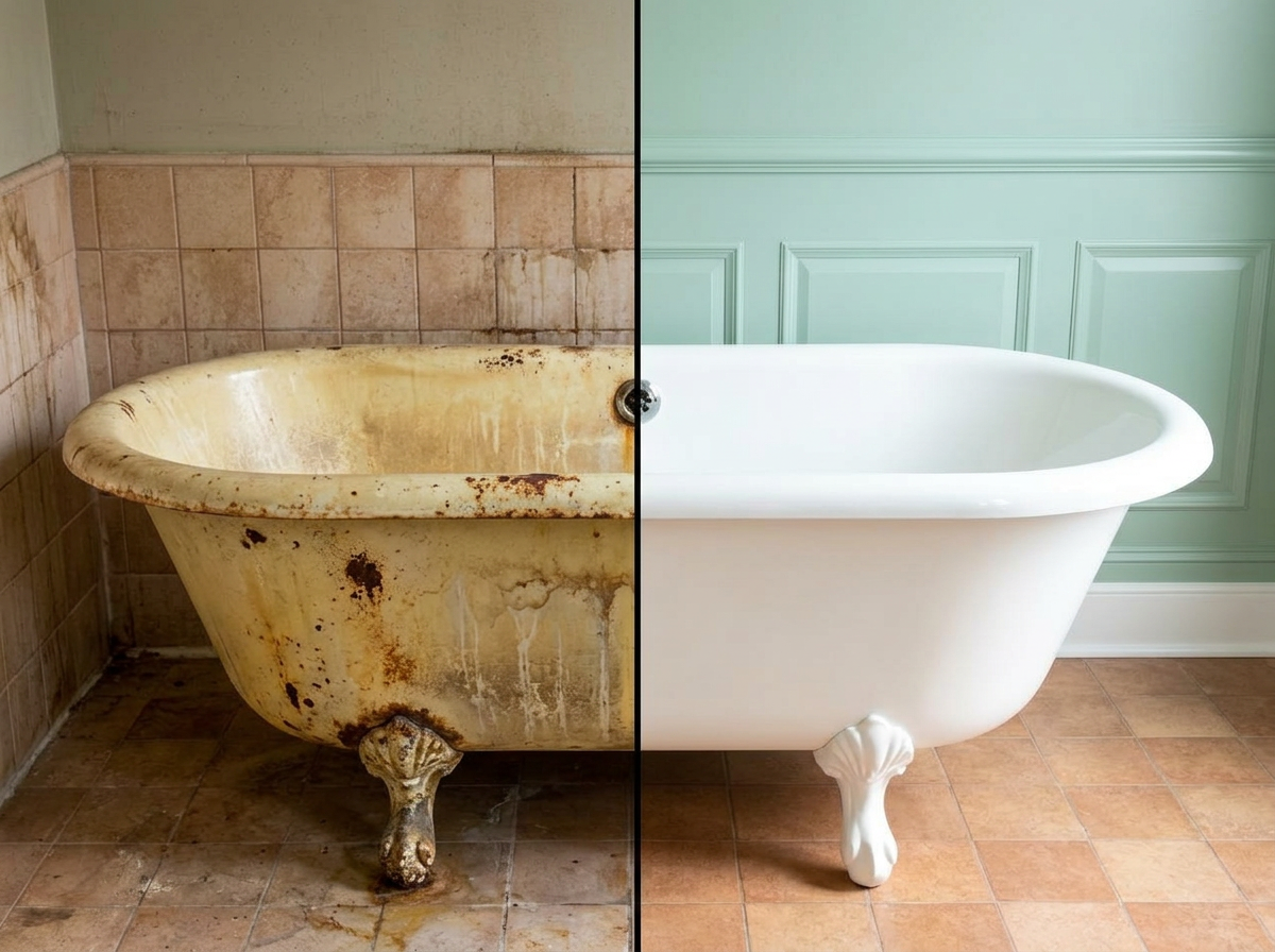 Yellowed clawfoot tub refinished to glossy white