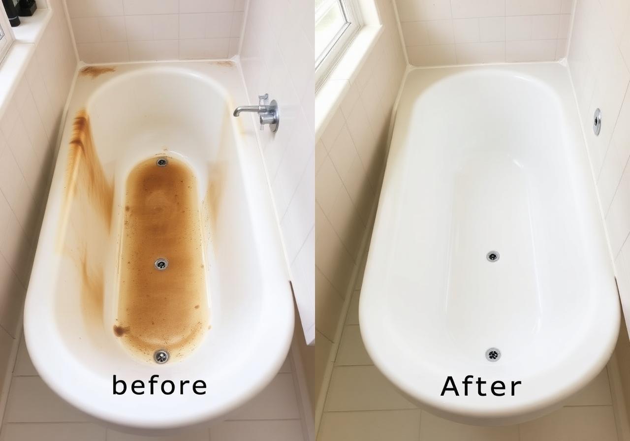 Rust-stained fiberglass tub restored to white